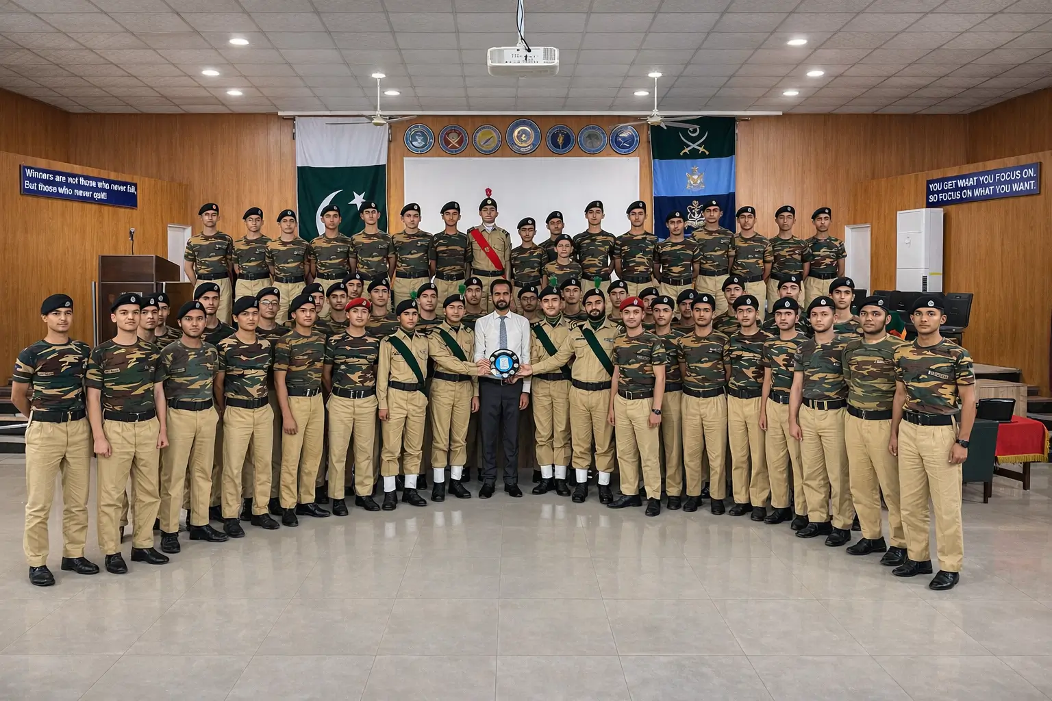 Group photo of CCFJ cadets in uniform standing in formation inside an auditorium