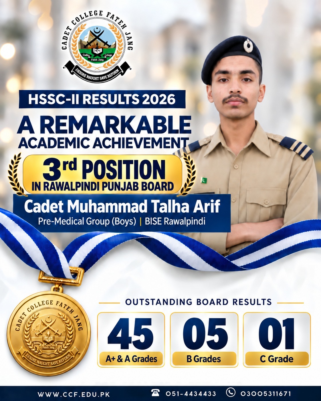 Cadet College Fateh Jang celebrates Cadet Muhammad Talha Arif securing 3rd position in the BISE Rawalpindi Board 12th Class Pre-Medical Group 2026, with 45 out of 51 cadets achieving A+ or A grades