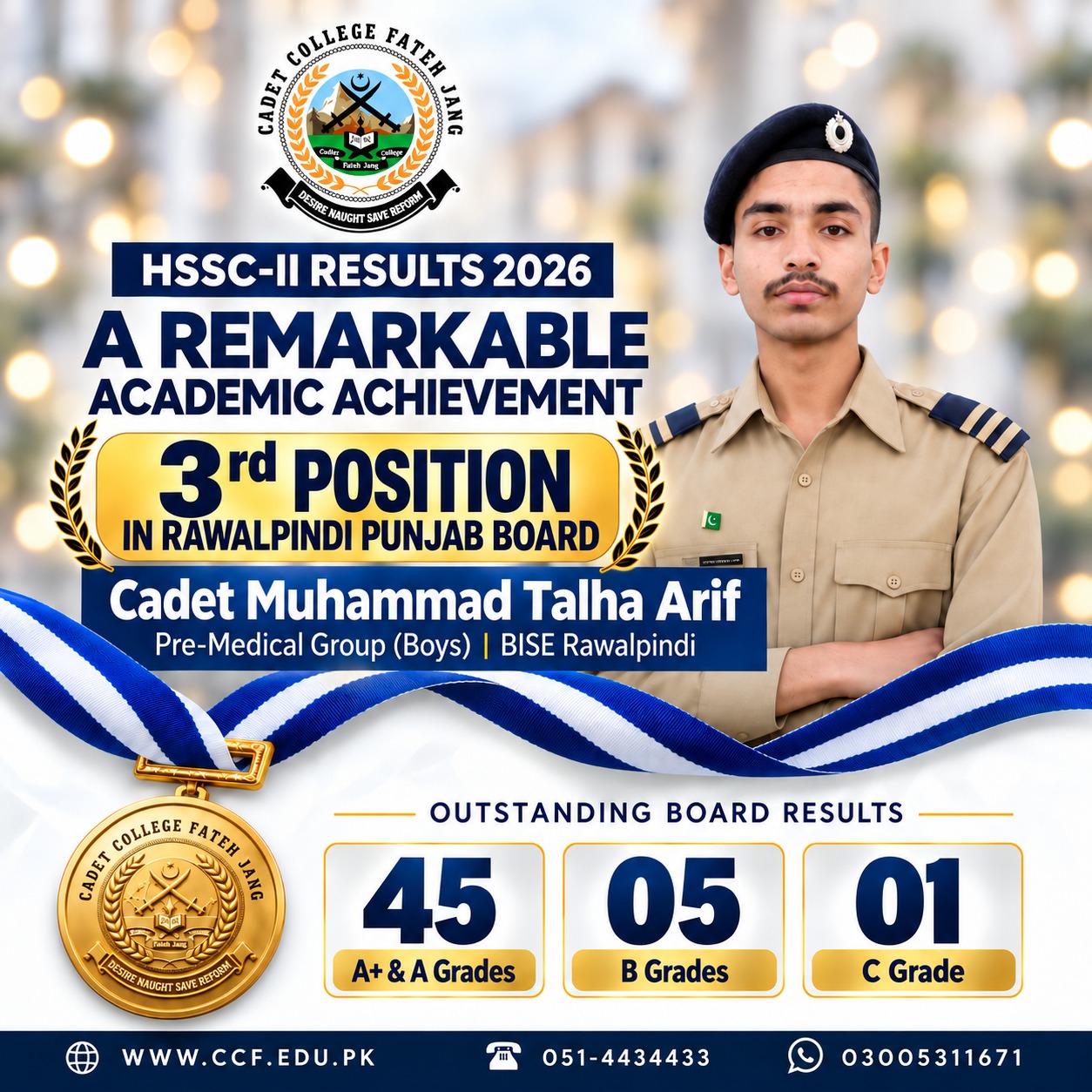 Cadet College Fateh Jang celebrates Cadet Muhammad Talha Arif securing 3rd position in the BISE Rawalpindi Board 12th Class Pre-Medical Group 2026, with 45 out of 51 cadets achieving A+ or A grades