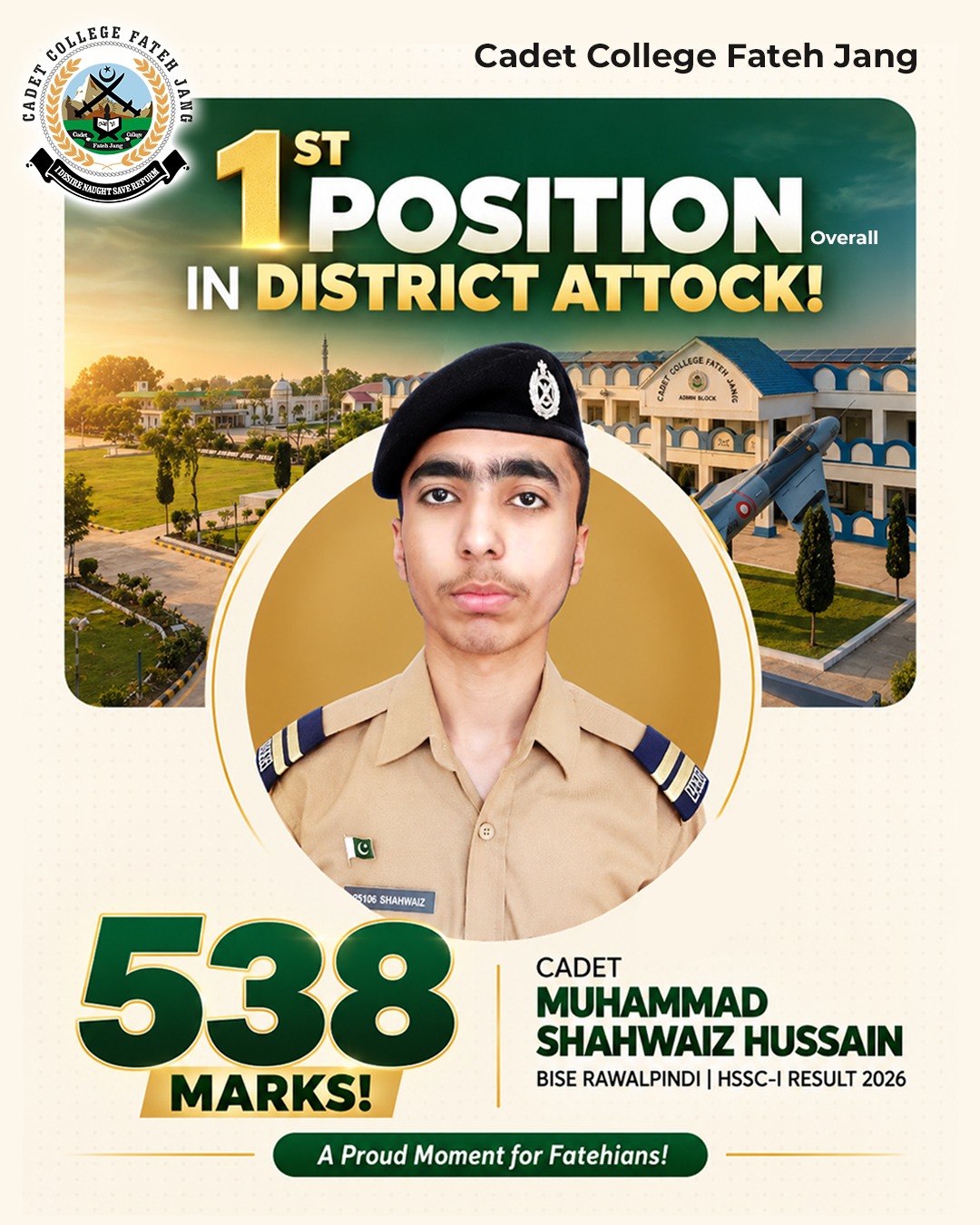 Cadet Muhammad Shahwaiz Hussain Secures 538 Marks
