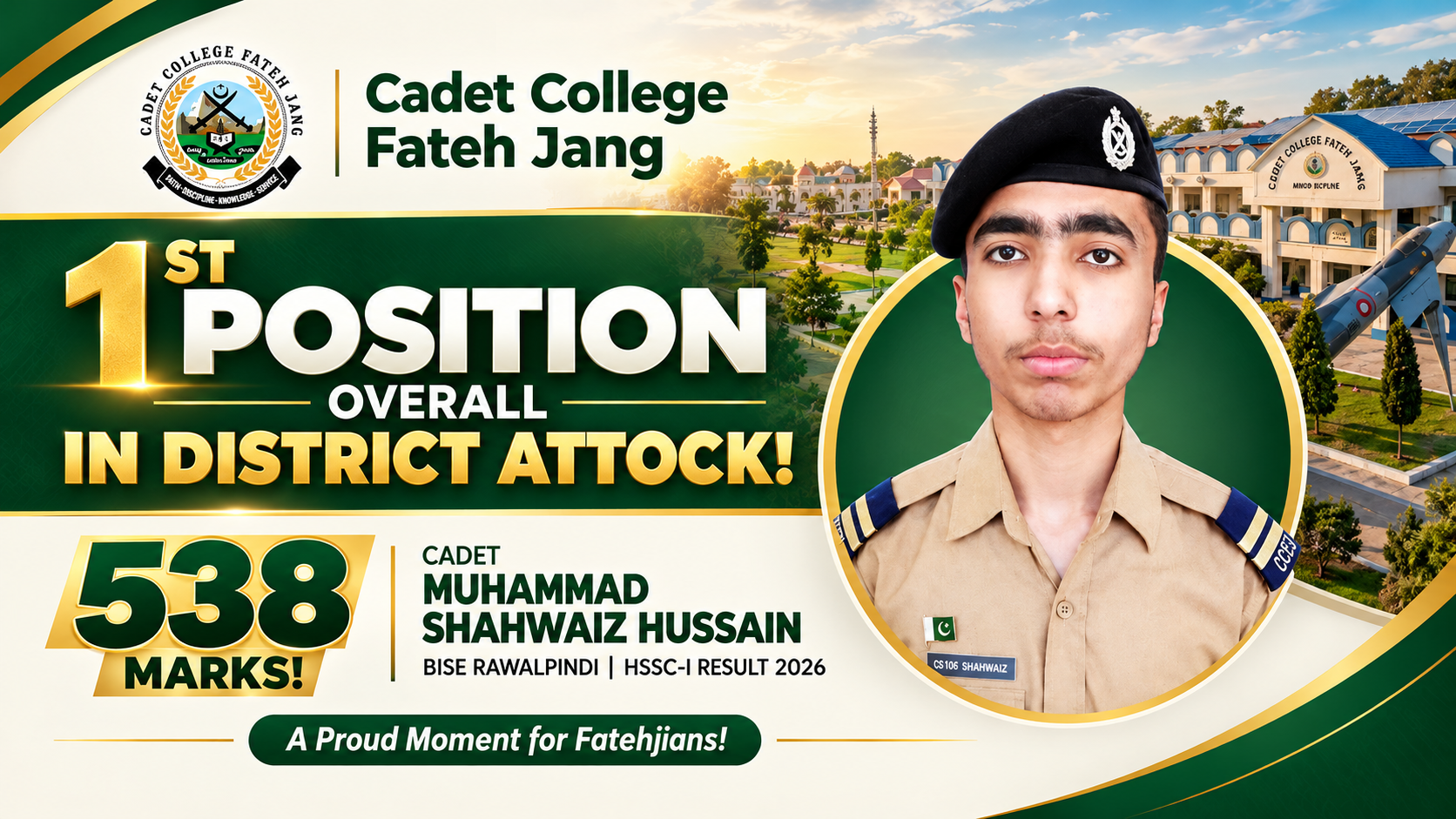 Cadet Muhammad Shahwaiz Hussain secures 538 marks at Cadet College Fateh Jang
